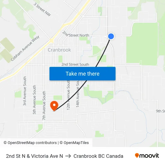 2nd St N at Victoria Ave N to Cranbrook BC Canada map