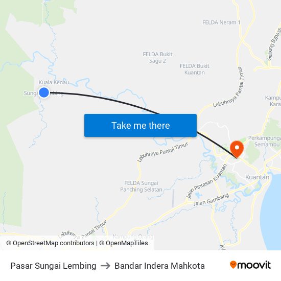 Pasar Sungai Lembing to Bandar Indera Mahkota map
