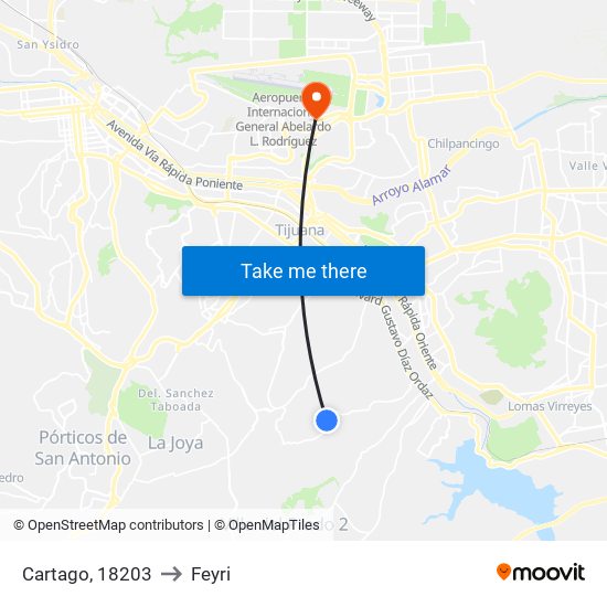 Cartago, 18203 to Feyri map