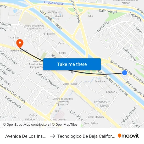 Avenida De Los Insurgentes, 603_1 to Tecnologico De Baja California Campus Tijuana map