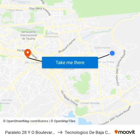Paralelo 28 Y O Boulevard Matamoros, 23030_V46 to Tecnologico De Baja California Campus Tijuana map