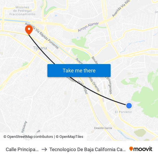 Calle Principal, 1521 to Tecnologico De Baja California Campus Tijuana map