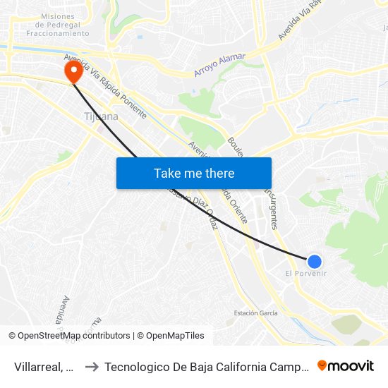 Villarreal, 1609 to Tecnologico De Baja California Campus Tijuana map