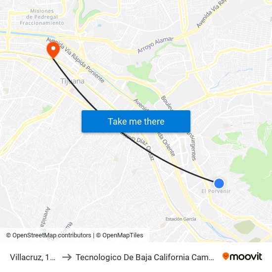 Villacruz, 17424 to Tecnologico De Baja California Campus Tijuana map