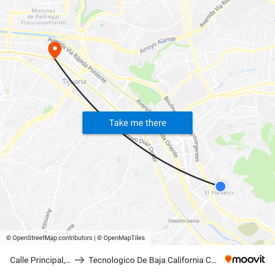 Calle Principal, 16882 to Tecnologico De Baja California Campus Tijuana map