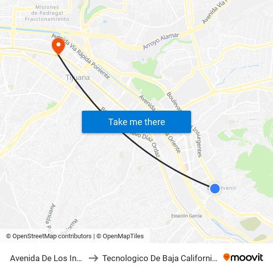 Avenida De Los Insurgentes, 1 to Tecnologico De Baja California Campus Tijuana map