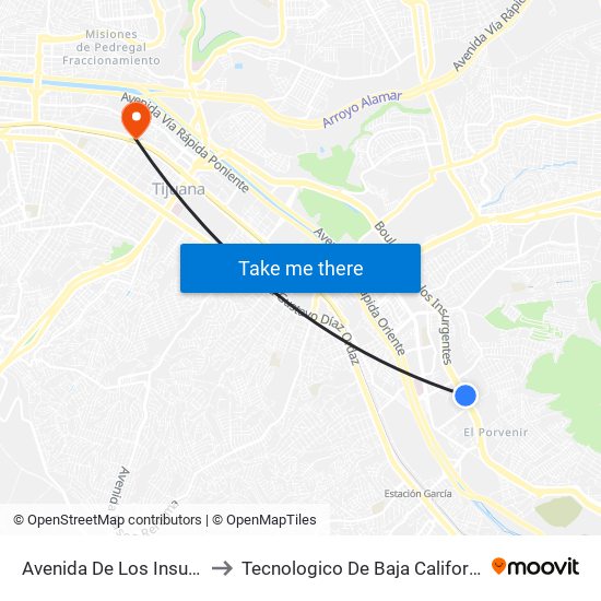 Avenida De Los Insurgentes, 52005 to Tecnologico De Baja California Campus Tijuana map