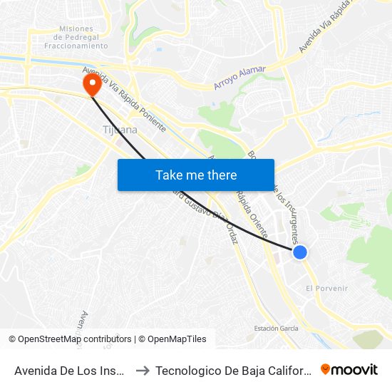 Avenida De Los Insurgentes, 8183 to Tecnologico De Baja California Campus Tijuana map