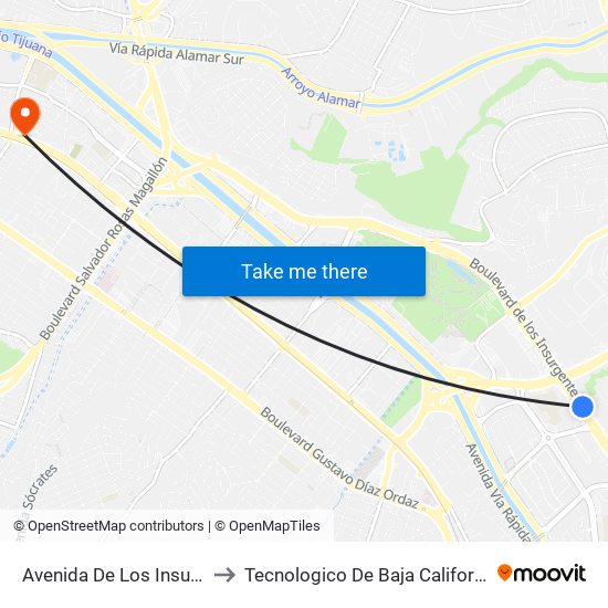 Avenida De Los Insurgentes, 18050 to Tecnologico De Baja California Campus Tijuana map