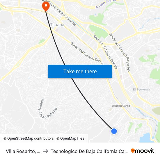 Villa Rosarito, 10024 to Tecnologico De Baja California Campus Tijuana map