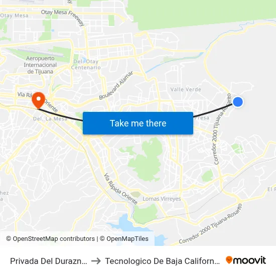 Privada Del Duraznillo, 25346_1 to Tecnologico De Baja California Campus Tijuana map