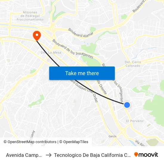 Avenida Campos, 34_B to Tecnologico De Baja California Campus Tijuana map