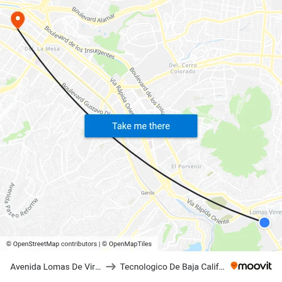 Avenida Lomas De Virreyes Sur, 11217_B to Tecnologico De Baja California Campus Tijuana map