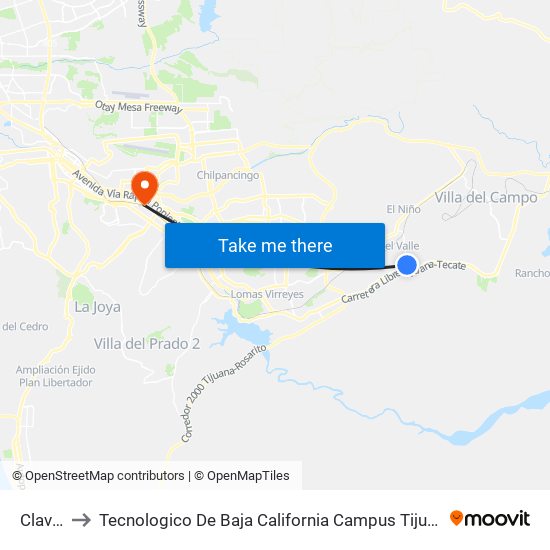 Clavel to Tecnologico De Baja California Campus Tijuana map