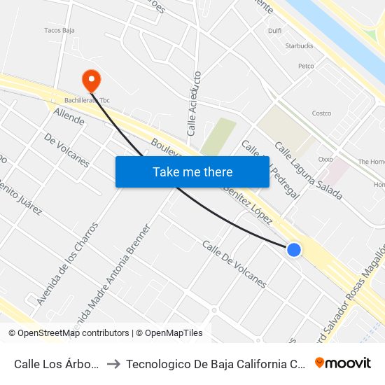 Calle Los Árboles, 890 to Tecnologico De Baja California Campus Tijuana map