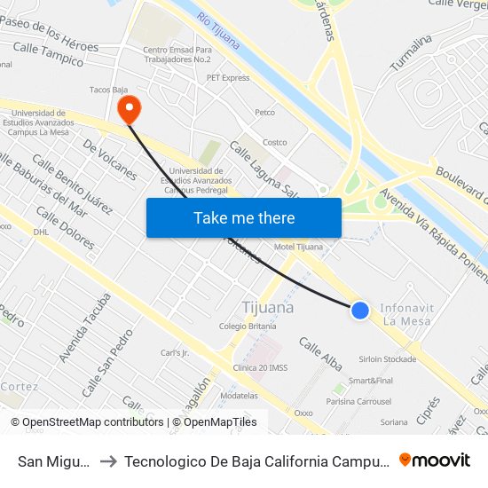 San Miguel, 3 to Tecnologico De Baja California Campus Tijuana map