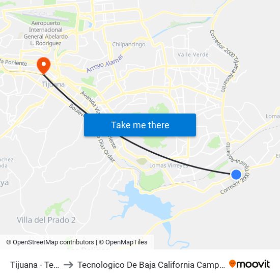 Tijuana - Tecate to Tecnologico De Baja California Campus Tijuana map