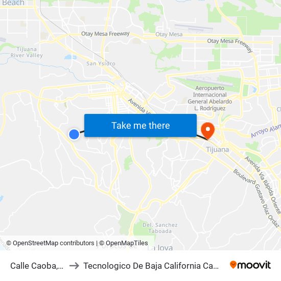 Calle Caoba, 3070 to Tecnologico De Baja California Campus Tijuana map