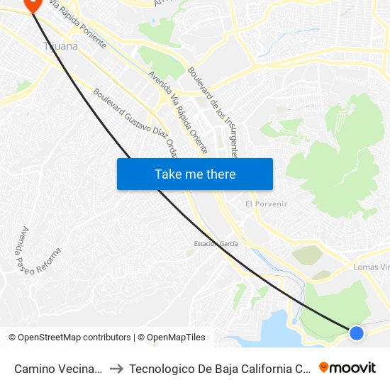 Camino Vecinal, 20430 to Tecnologico De Baja California Campus Tijuana map