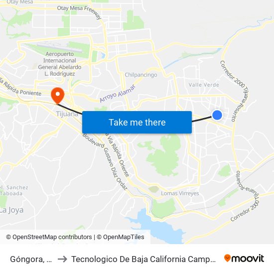 Góngora, G44 to Tecnologico De Baja California Campus Tijuana map