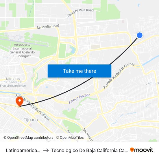Latinoamericana, 430 to Tecnologico De Baja California Campus Tijuana map