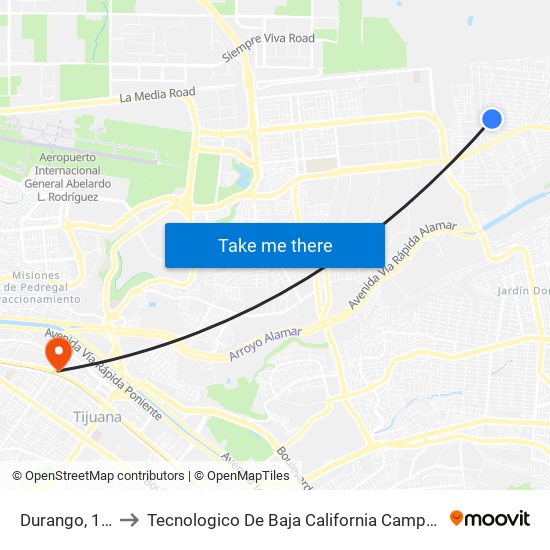 Durango, 1114 to Tecnologico De Baja California Campus Tijuana map