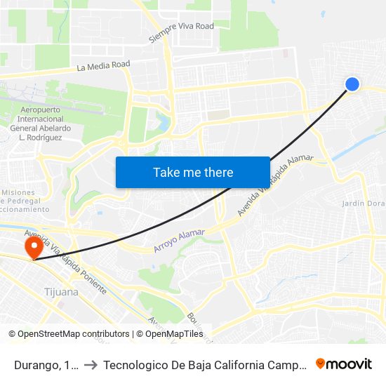 Durango, 1166 to Tecnologico De Baja California Campus Tijuana map