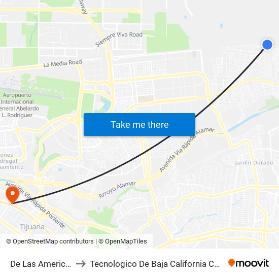 De Las Americas, 505 to Tecnologico De Baja California Campus Tijuana map