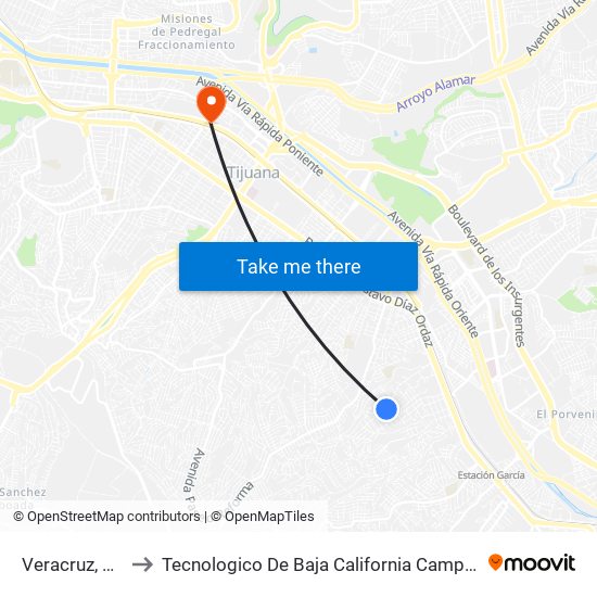 Veracruz, 7040 to Tecnologico De Baja California Campus Tijuana map