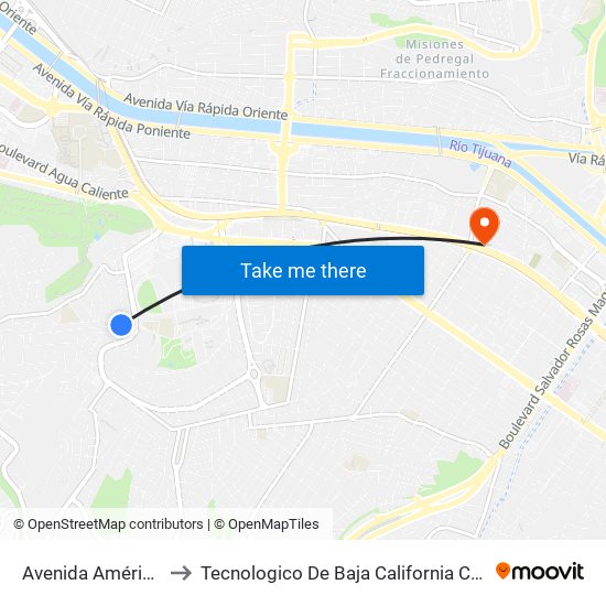 Avenida Américas, 117 to Tecnologico De Baja California Campus Tijuana map