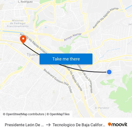 Presidente León De La Barra, 6304 to Tecnologico De Baja California Campus Tijuana map