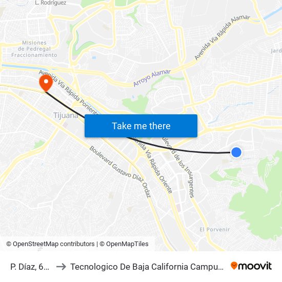 P. Díaz, 6306 to Tecnologico De Baja California Campus Tijuana map