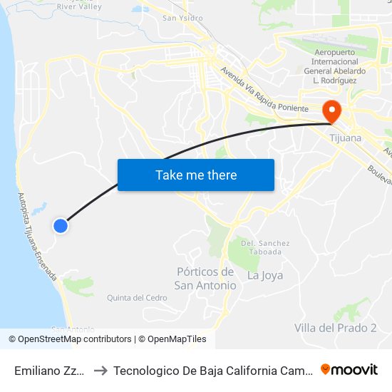 Emiliano Zzapata to Tecnologico De Baja California Campus Tijuana map