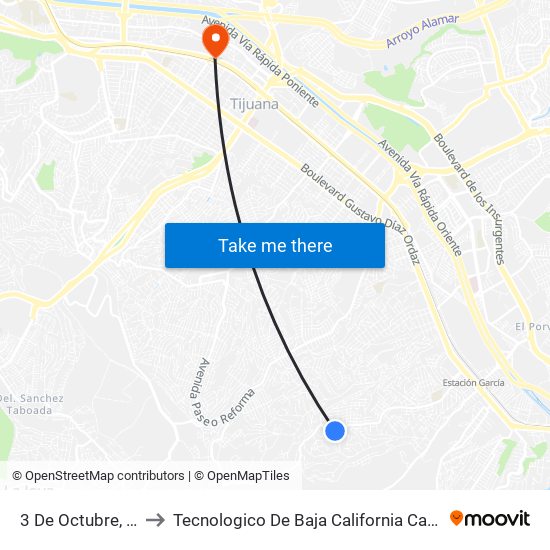 3 De Octubre, 10038 to Tecnologico De Baja California Campus Tijuana map