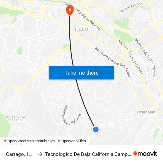 Cartago, 18203 to Tecnologico De Baja California Campus Tijuana map