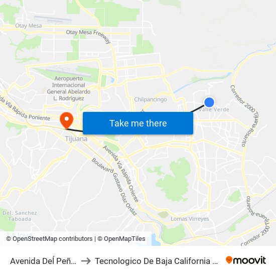 Avenida Deĺ Peñon, 2520 to Tecnologico De Baja California Campus Tijuana map