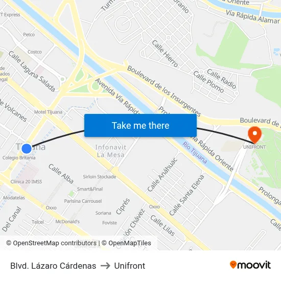 Blvd. Lázaro Cárdenas to Unifront map