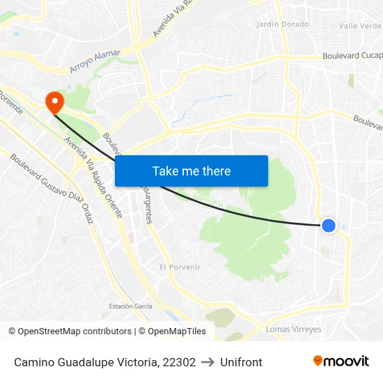 Camino Guadalupe Victoria, 22302 to Unifront map