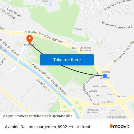 Avenida De Los Insurgentes, 6902 to Unifront map