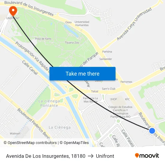 Avenida De Los Insurgentes, 18180 to Unifront map