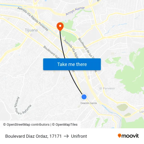 Boulevard Diaz Ordaz, 17171 to Unifront map