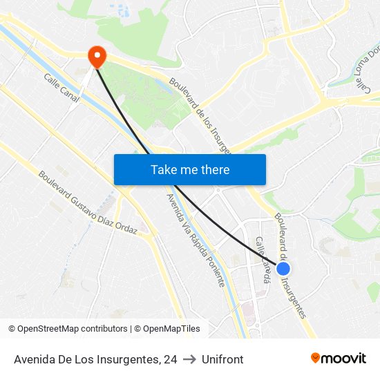 Avenida De Los Insurgentes, 24 to Unifront map