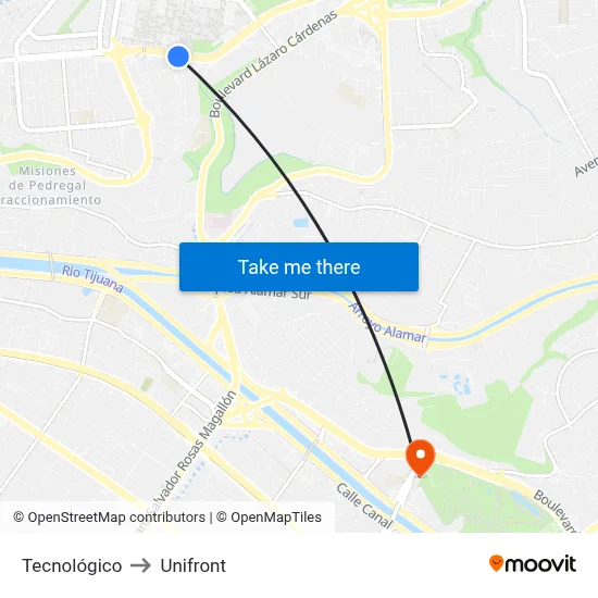 Tecnológico to Unifront map