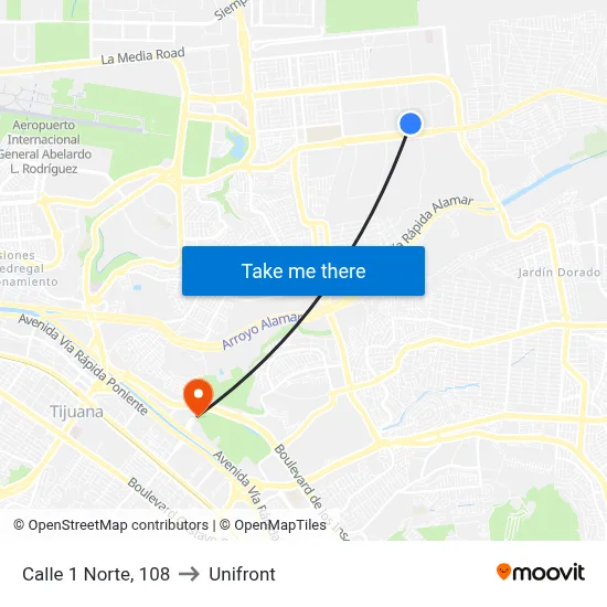 Calle 1 Norte, 108 to Unifront map
