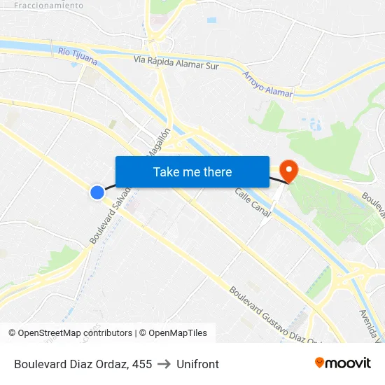 Boulevard Diaz Ordaz, 455 to Unifront map