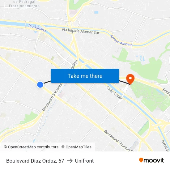 Boulevard Diaz Ordaz, 67 to Unifront map