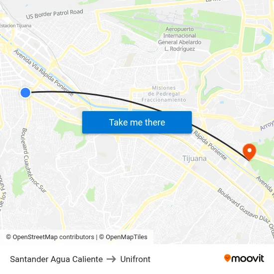 Santander Agua Caliente to Unifront map
