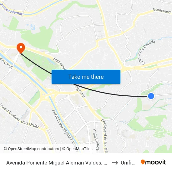 Avenida Poniente Miguel Aleman Valdes, 21454 to Unifront map