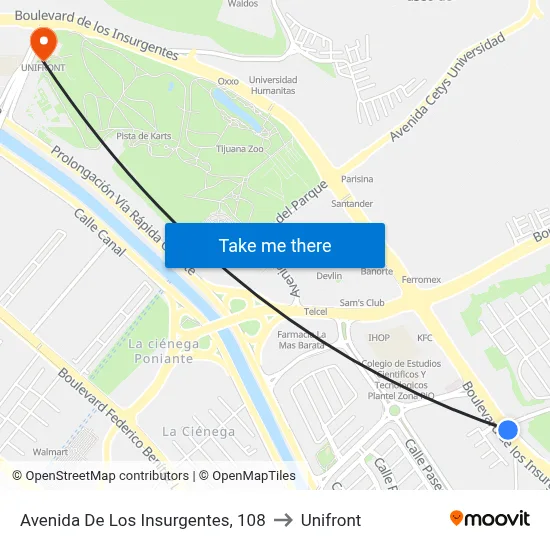 Avenida De Los Insurgentes, 108 to Unifront map