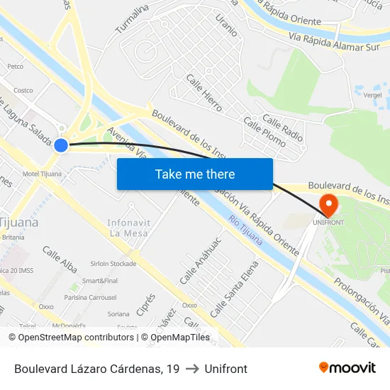 Boulevard Lázaro Cárdenas, 19 to Unifront map